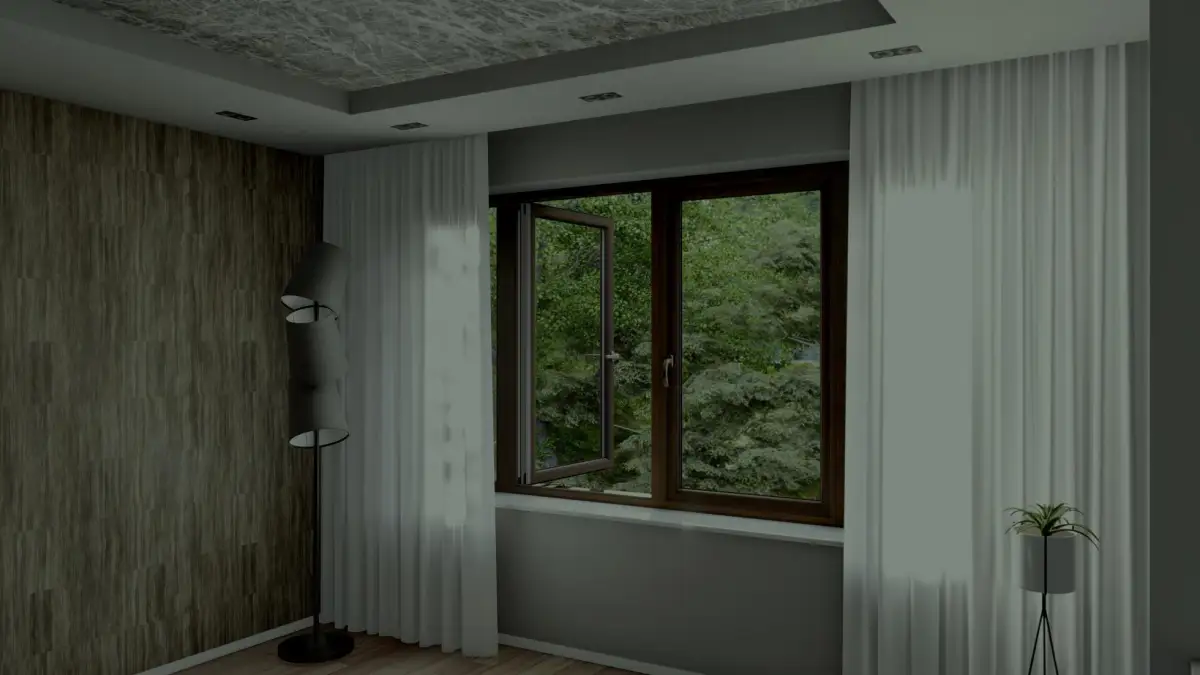 Utåtgående PVC-fönster IGLO EXT i vit ram med modern design, öppnat utåt i nordiskt husmiljö