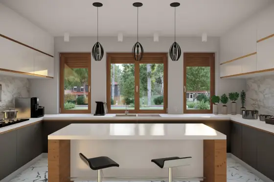 IGLO Light PVC-fönster i kök med gyllene ek och Drutex-persienner – elegant och funktionell design
