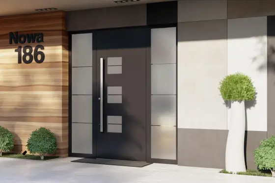 MB-86N SI aluminiumdörr Hawaii 5 med sandblästrat glas – modern och energieffektiv entrélösning