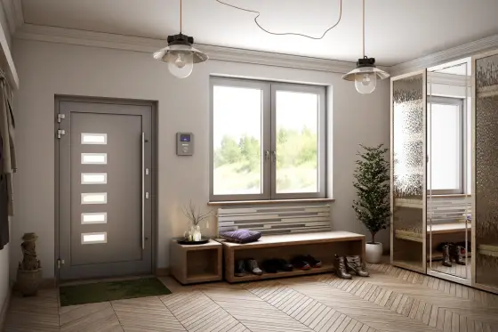 MB-86N SI aluminiumdörr installerad i hall – modern och energieffektiv entrélösning