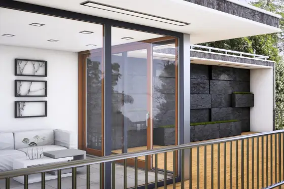 DUOLINE HS lyft- och skjutdörr med trä- och aluminiumram i modern terrassmiljö