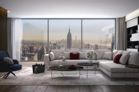 Elegant vardagsrum med panoramafönster och utsikt – glasfasadsystem MB-SR50N HI för modern arkitektur