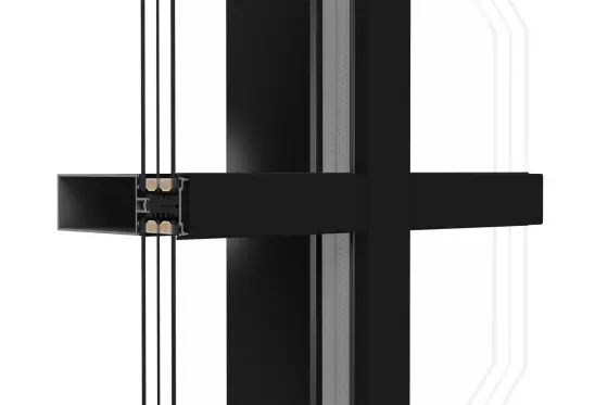 Teknisk sektion av MB-SR50N fasadsystem i svart – högisolerglas och aluminiumprofil