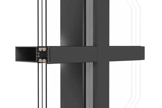 Teknisk sektion av MB-SR50N fasadsystem i mörkgrått – isolerglas och aluminiumprofil