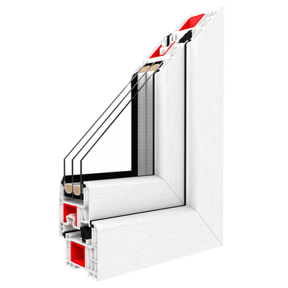 Iglo energy classic - En närbild av en vit fönsterprofil från modellen Iglo Energy classic från Drutex. Bilden visar en detaljerad genomskärning med treglasfönster och isolerande skum inuti profilen. Fönstrets konstruktion har flera luftkamrar och förstärkningar för hög energieffektivitet och hållbarhet.