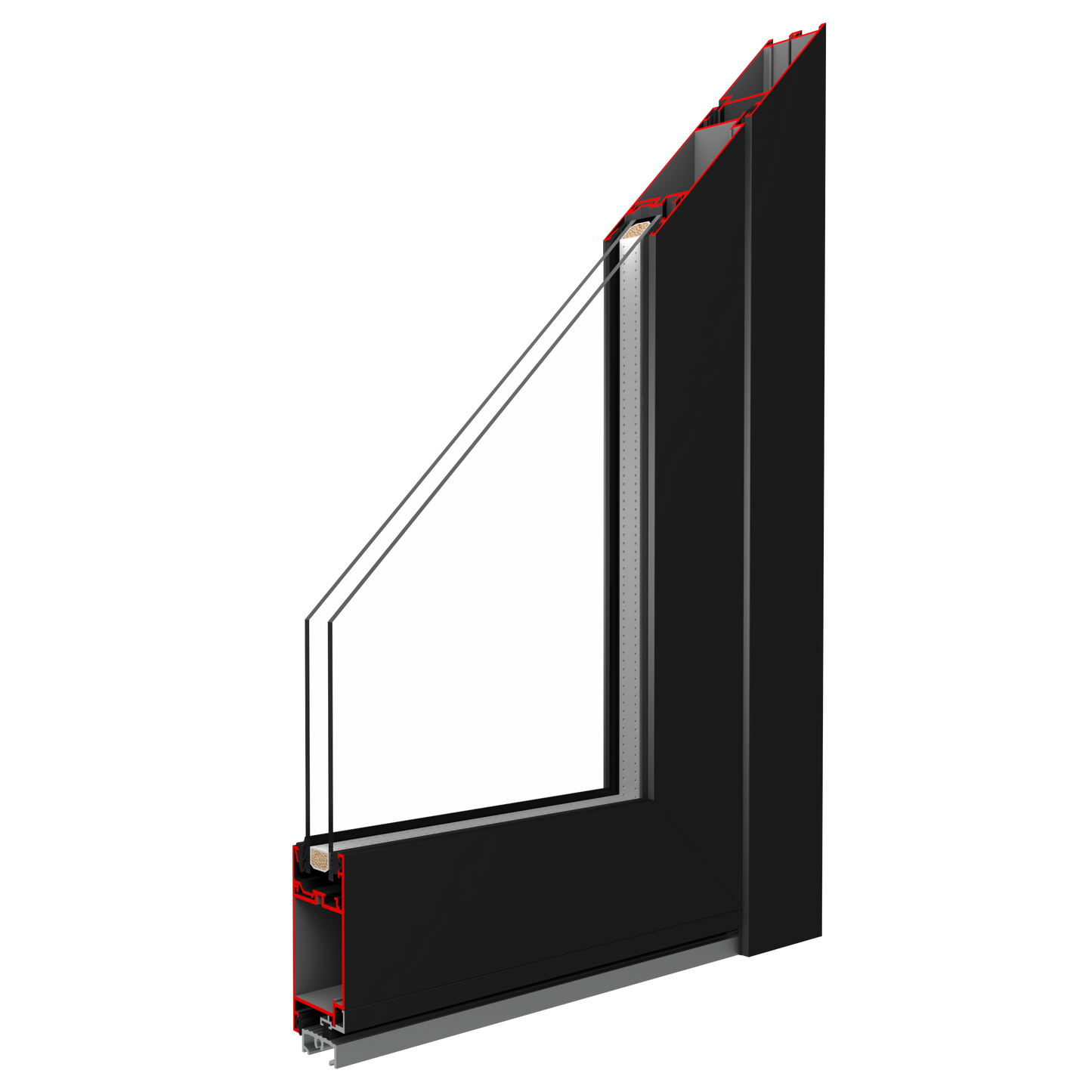 3D-visning av Drutex MB-45 aluminiumdörrprofil i svart finish, med snitt som visar enkammarsprofil och glasparti. Designad för hållbarhet och enkel installation, idealisk för inomhusbruk och kommersiella miljöer