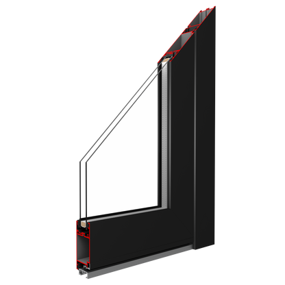 3D-visning av Drutex MB-45 aluminiumdörrprofil i svart finish, med snitt som visar enkammarsprofil och glasparti. Designad för hållbarhet och enkel installation, idealisk för inomhusbruk och kommersiella miljöer