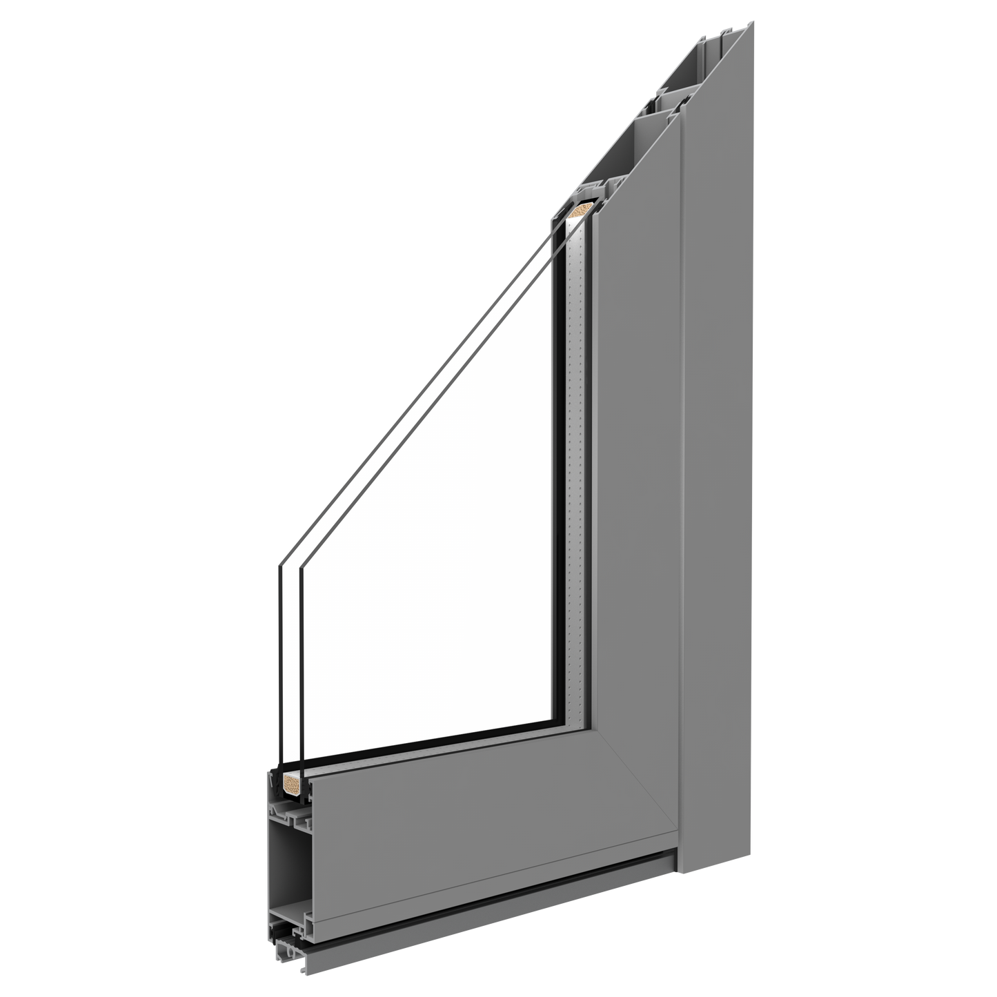 3D-visning av Drutex MB-45 aluminiumdörrprofil i grå finish, med snitt som visar enkammarsprofil och glasparti. Designad för hållbarhet och enkel installation, idealisk för inomhusbruk och kommersiella miljöer