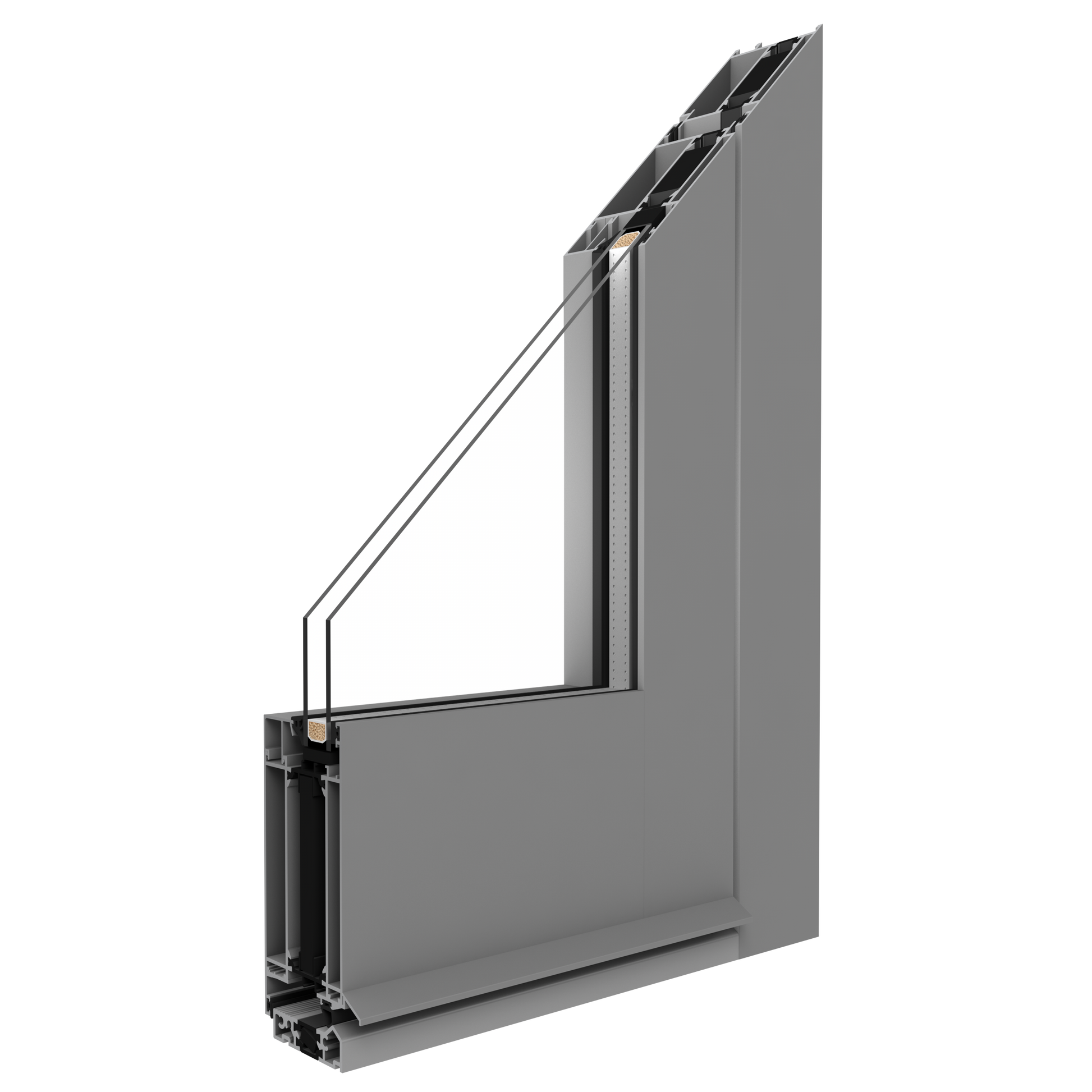 3D-visning av Drutex MB-70HI aluminiumdörrprofil i grå finish, med snitt som visar enkammarsprofil och glasparti. Designad för hållbarhet och enkel installation, idealisk för inomhusbruk och kommersiella miljöer.